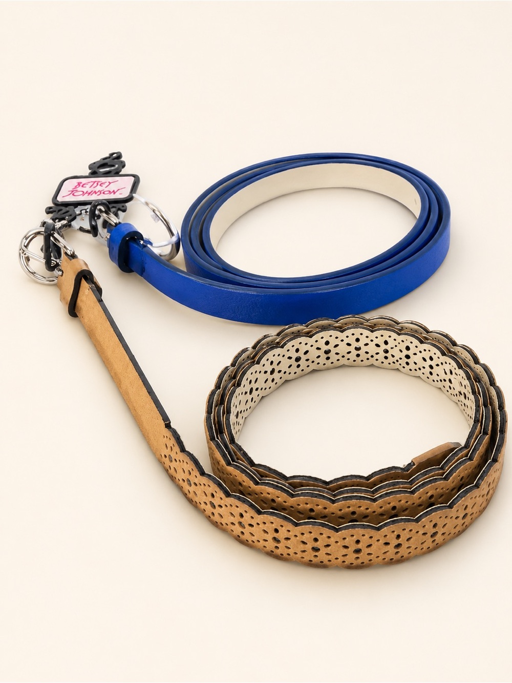Betsey Johnson Two Piece Belt Set Cobalt Blue & Tan Scalloped Faux Leather Belts